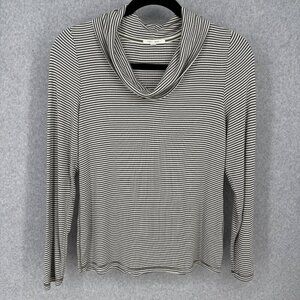 Anthropologie Pure Good Striped Cowl Neck Top Size XL Army Green White Rib Knit